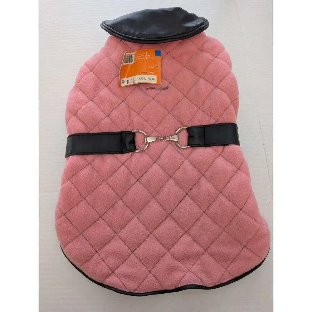 New York Dog Pink Quilted Fleece Dog Coat Size 16 Inch Black Trim Designer Style